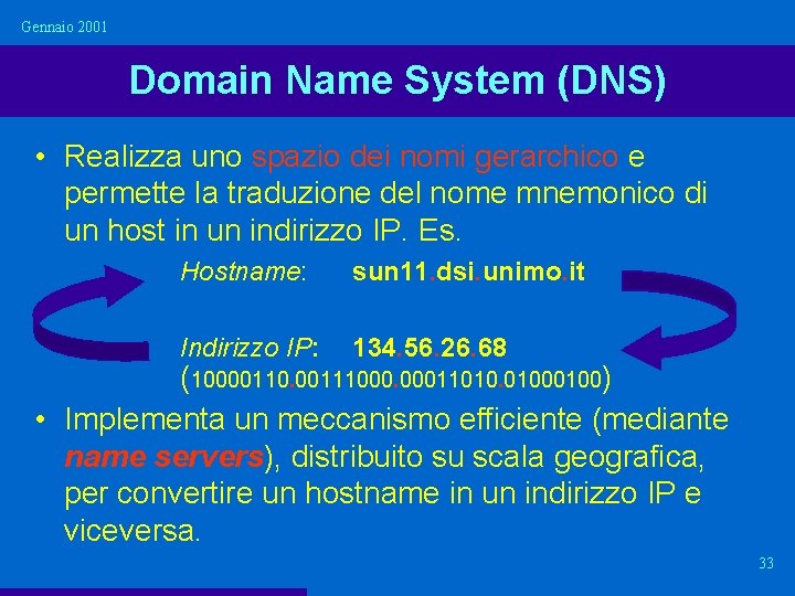 Gennaio 2001 Domain Name System (DNS) • Realizza uno spazio dei nomi gerarchico e Gennaio 2001 Domain Name System (DNS) • Realizza uno spazio dei nomi gerarchico e