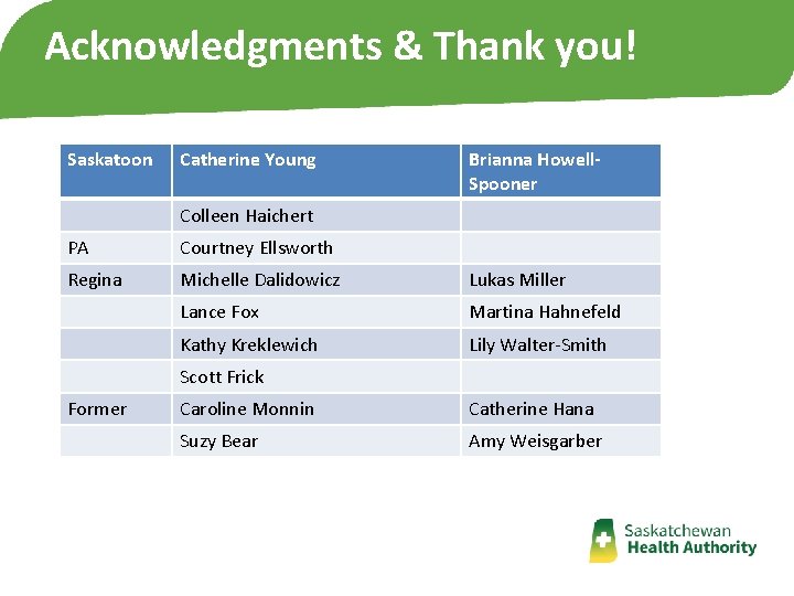 Acknowledgments & Thank you! Saskatoon Catherine Young Brianna Howell. Spooner Colleen Haichert PA Courtney Acknowledgments & Thank you! Saskatoon Catherine Young Brianna Howell. Spooner Colleen Haichert PA Courtney