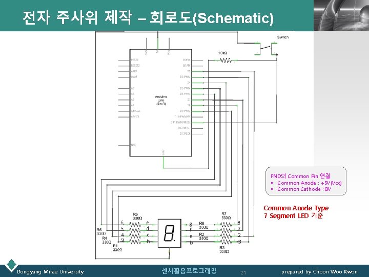 전자 주사위 제작 – 회로도(Schematic) LOGO FND의 Common Pin 연결 § Common Anode :