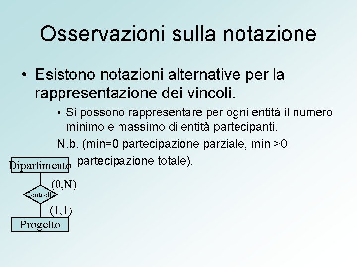 Osservazioni sulla notazione • Esistono notazioni alternative per la rappresentazione dei vincoli. • Si