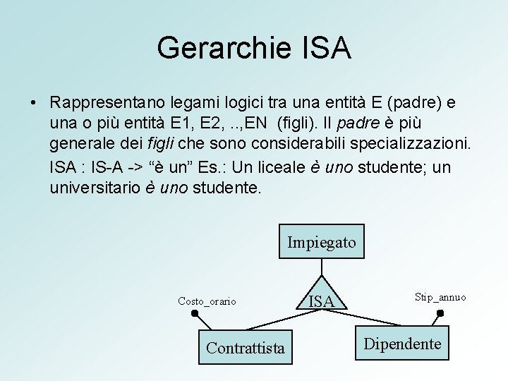 Gerarchie ISA • Rappresentano legami logici tra una entità E (padre) e una o