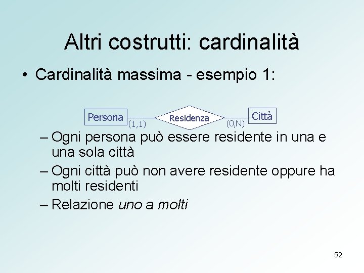 Altri costrutti: cardinalità • Cardinalità massima - esempio 1: Persona (1, 1) Residenza (0,