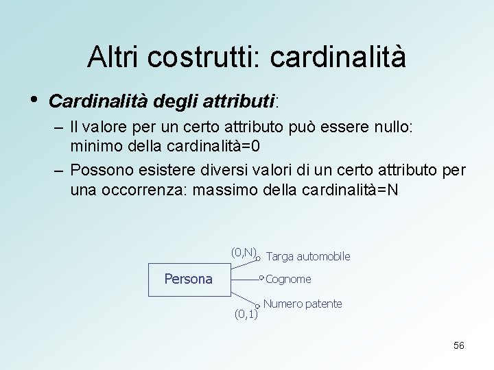 Altri costrutti: cardinalità • Cardinalità degli attributi: – Il valore per un certo attributo