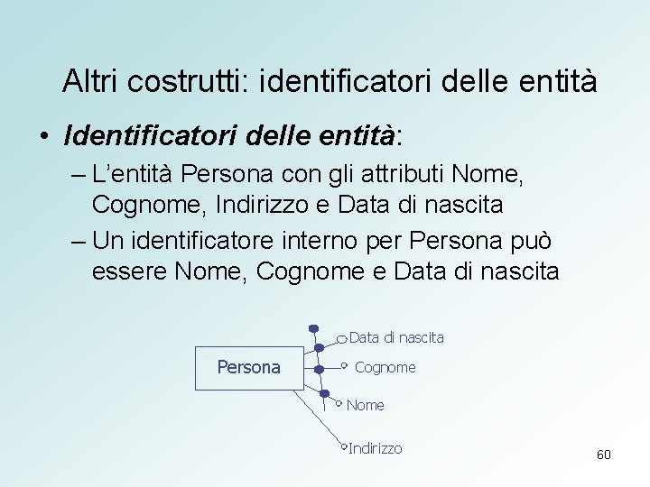 Altri costrutti: identificatori delle entità • Identificatori delle entità: – L’entità Persona con gli