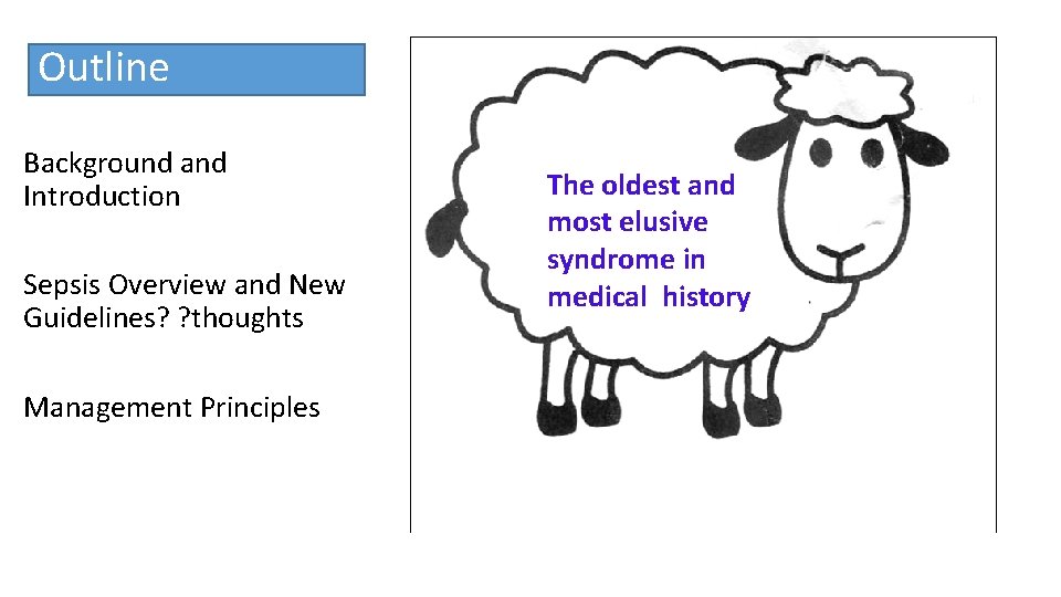 Outline Background and Introduction Sepsis Overview and New Guidelines? ? thoughts Management Principles The Outline Background and Introduction Sepsis Overview and New Guidelines? ? thoughts Management Principles The