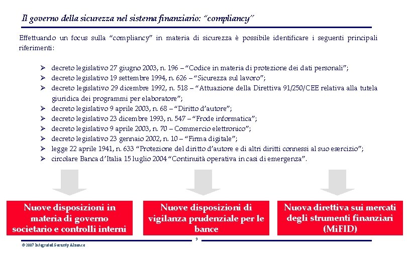 Il governo della sicurezza nel sistema finanziario: “compliancy” Effettuando un focus sulla “compliancy” in