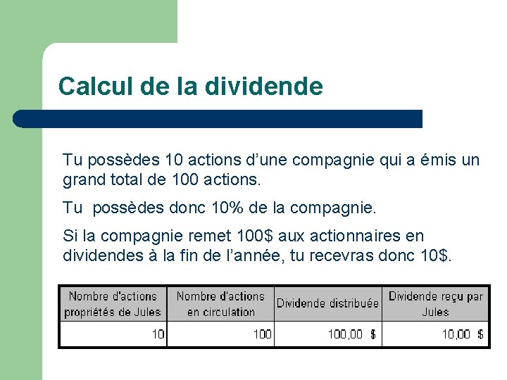 Calcul de la dividende Tu possèdes 10 actions d’une compagnie qui a émis un