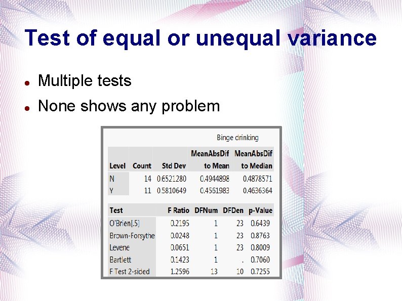 Test of equal or unequal variance Multiple tests None shows any problem 