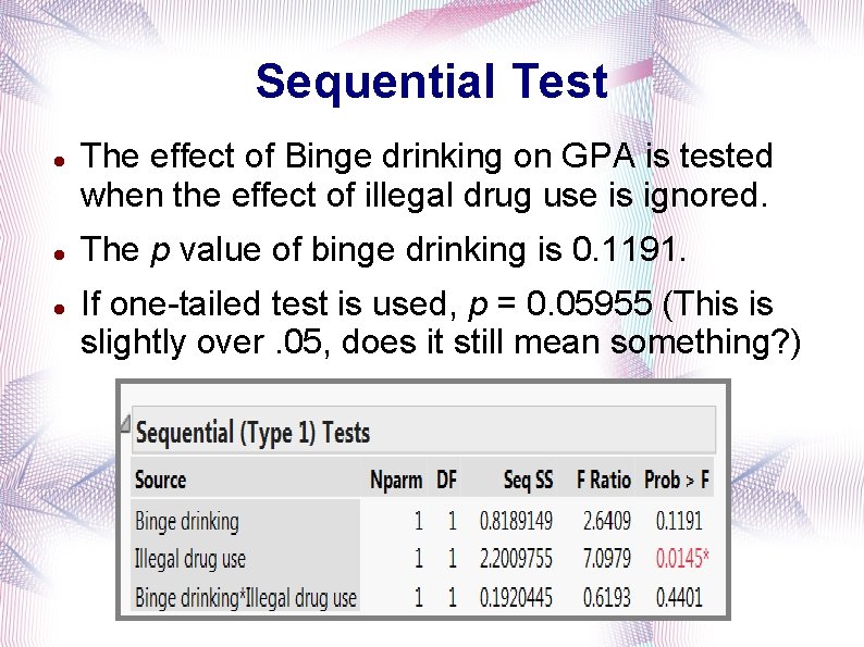 Sequential Test The effect of Binge drinking on GPA is tested when the effect