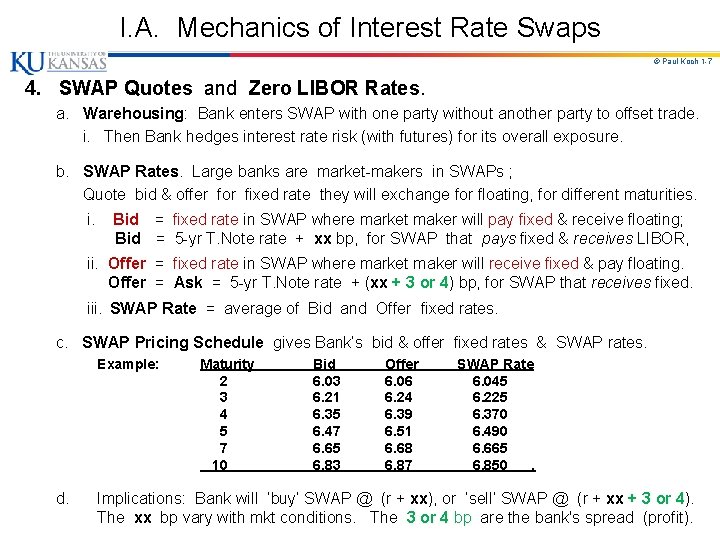 I. A. Mechanics of Interest Rate Swaps © Paul Koch 1 -7 4. SWAP