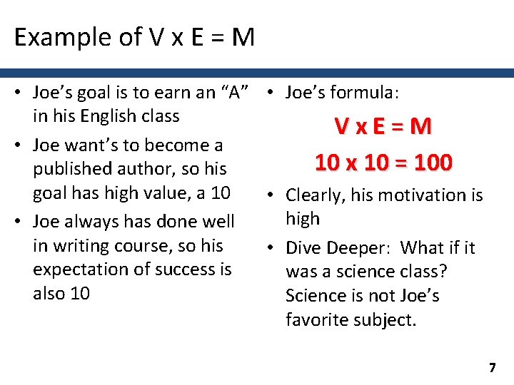 Example of V x E = M • Joe’s goal is to earn an