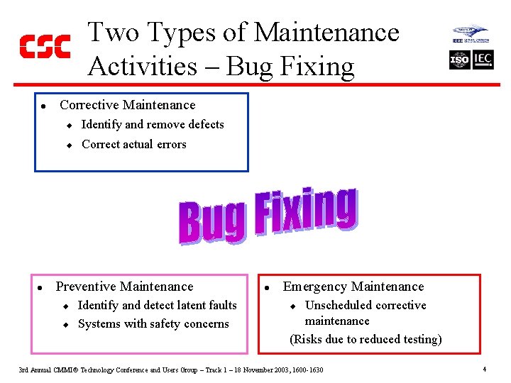 Two Types of Maintenance Activities – Bug Fixing l l Corrective Maintenance u Identify