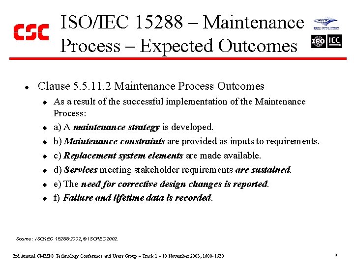 ISO/IEC 15288 – Maintenance Process – Expected Outcomes l Clause 5. 5. 11. 2