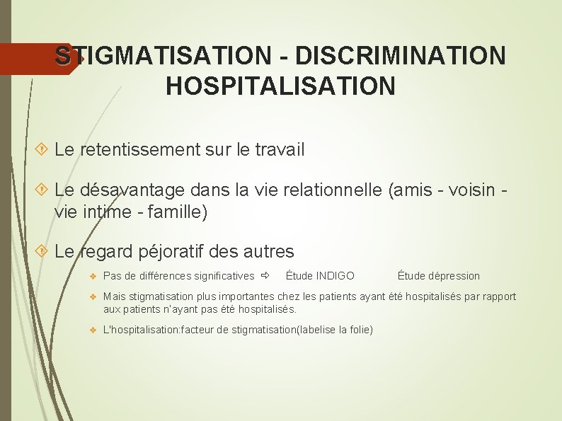 STIGMATISATION - DISCRIMINATION HOSPITALISATION Le retentissement sur le travail Le désavantage dans la vie