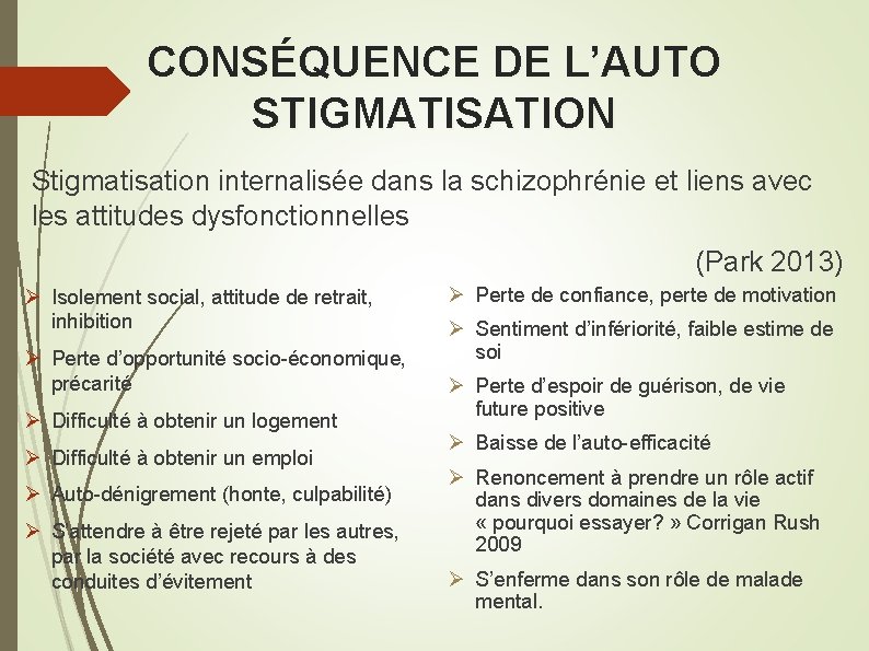 CONSÉQUENCE DE L’AUTO STIGMATISATION Stigmatisation internalisée dans la schizophrénie et liens avec les attitudes