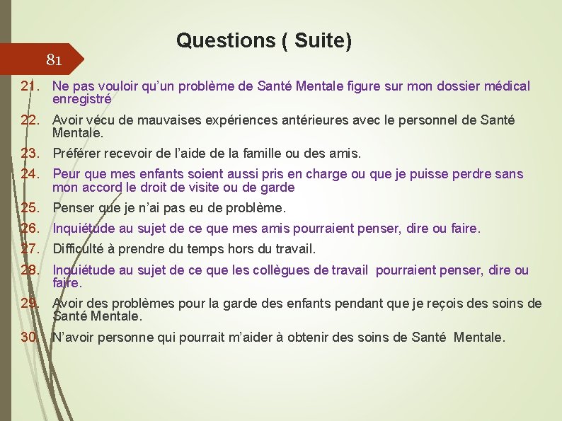 81 Questions ( Suite) 21. Ne pas vouloir qu’un problème de Santé Mentale figure