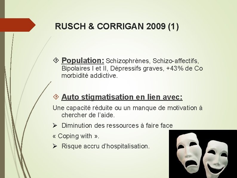 RUSCH & CORRIGAN 2009 (1) Population: Schizophrènes, Schizo-affectifs, Bipolaires I et II, Dépressifs graves,