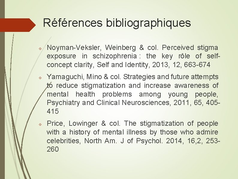 Références bibliographiques Noyman-Veksler, Weinberg & col. Perceived stigma exposure in schizophrenia : the key