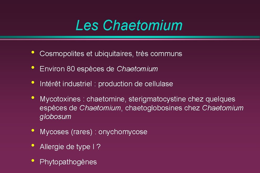 Les Chaetomium • • Cosmopolites et ubiquitaires, très communs • • • Mycoses (rares)