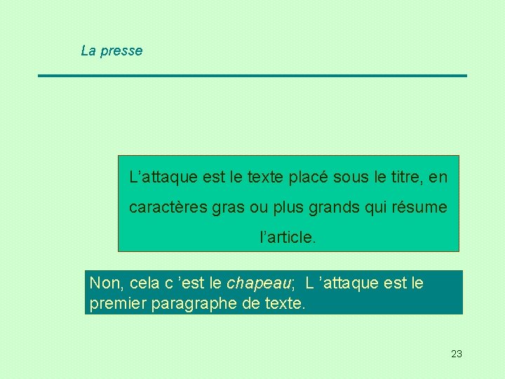 La presse L’attaque est le texte placé sous le titre, en caractères gras ou