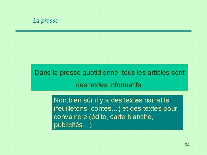 La presse Dans la presse quotidienne, tous les articles sont des textes informatifs. Non,