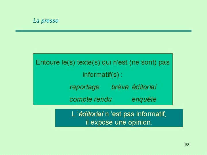 La presse Entoure le(s) texte(s) qui n'est (ne sont) pas informatif(s) : reportage brève
