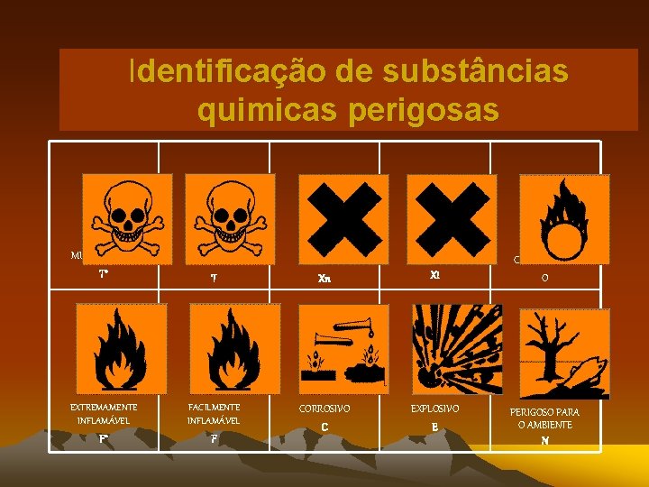 Identificação de substâncias quimicas perigosas MUITO TÓXICO T+ TÓXICO T NOCIVO EXTREMAMENTE INFLAMÁVEL FACILMENTE