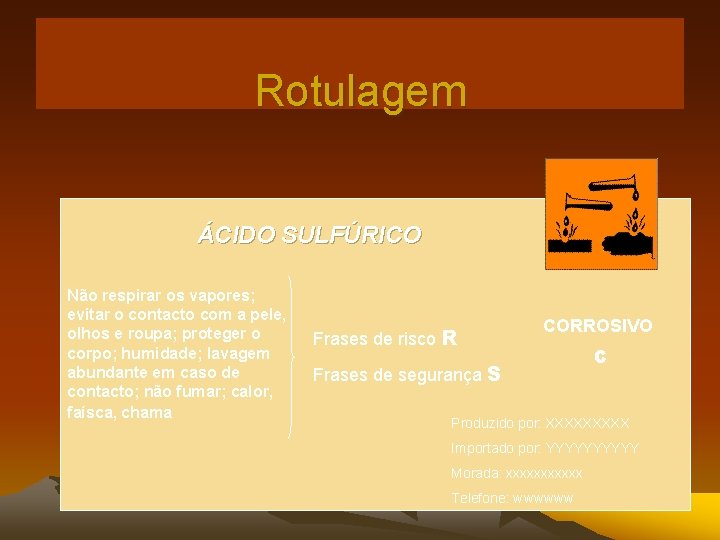 Rotulagem ÁCIDO SULFÚRICO Não respirar os vapores; evitar o contacto com a pele, olhos