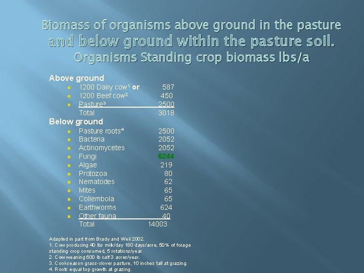 Biomass of organisms above ground in the pasture and below ground within the pasture