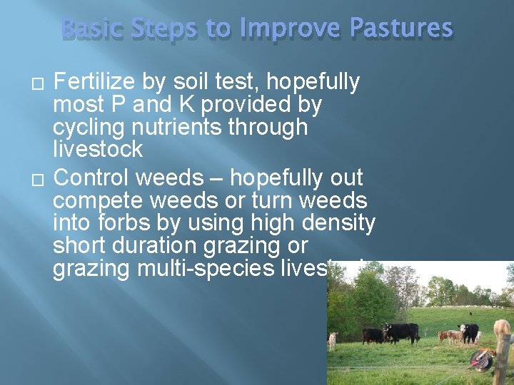 Basic Steps to Improve Pastures � � Fertilize by soil test, hopefully most P
