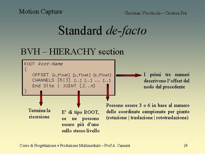 Motion Capture Christian Vecchiola – Cristina Frà Standard de-facto BVH – HIERACHY section ROOT