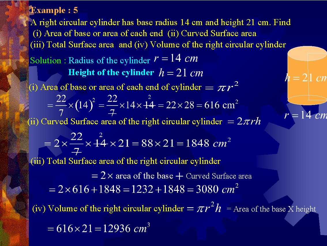 Example : 5 A right circular cylinder has base radius 14 cm and height