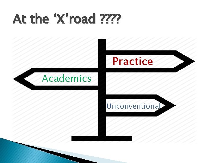 At the ‘X’road ? ? Practice Academics Unconventional 