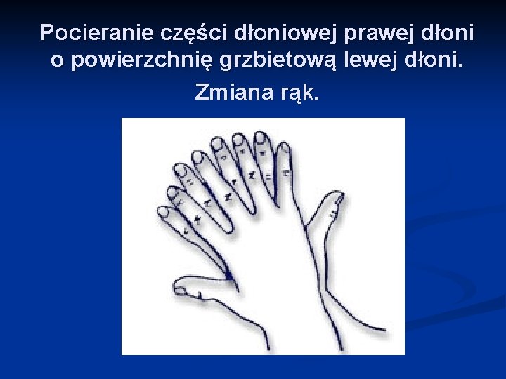 Pocieranie części dłoniowej prawej dłoni o powierzchnię grzbietową lewej dłoni. Zmiana rąk. 