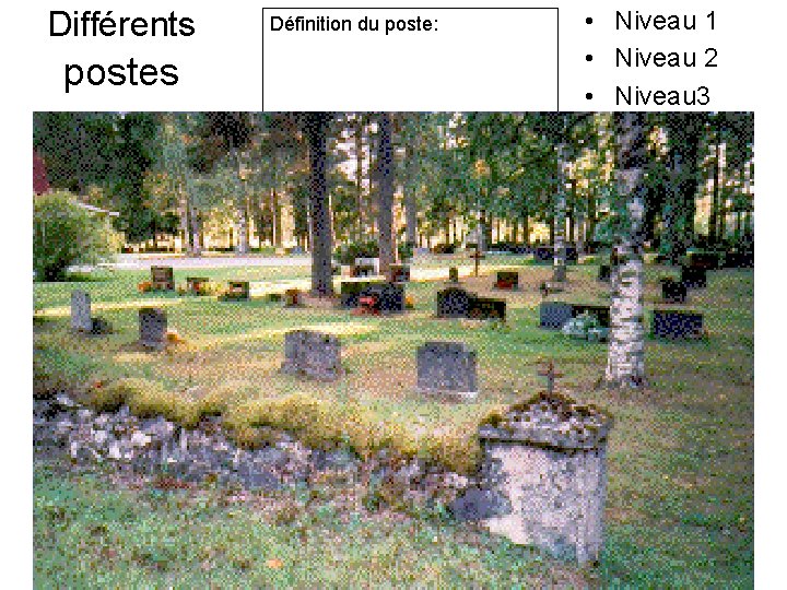 Différents postes Définition du poste: • Niveau 1 • Niveau 2 • Niveau 3