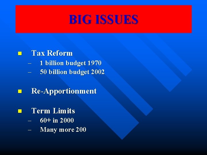 BIG ISSUES n Tax Reform – – 1 billion budget 1970 50 billion budget BIG ISSUES n Tax Reform – – 1 billion budget 1970 50 billion budget