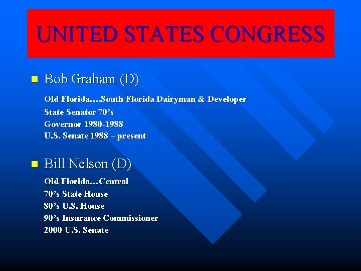 UNITED STATES CONGRESS n Bob Graham (D) Old Florida…. South Florida Dairyman & Developer UNITED STATES CONGRESS n Bob Graham (D) Old Florida…. South Florida Dairyman & Developer