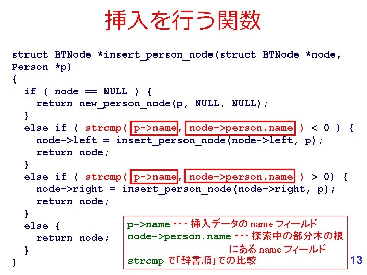 挿入を行う関数 struct BTNode *insert_person_node(struct BTNode *node, Person *p) { if ( node == NULL