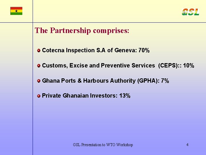 The Partnership comprises: Cotecna Inspection S. A of Geneva: 70% Customs, Excise and Preventive