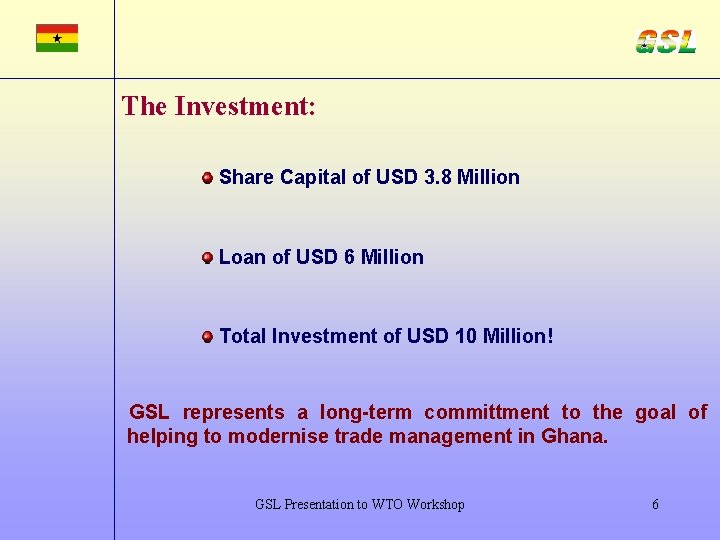 The Investment: Share Capital of USD 3. 8 Million Loan of USD 6 Million