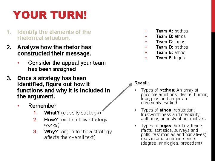 YOUR TURN! 1. Identify the elements of the rhetorical situation. 2. Analyze how the YOUR TURN! 1. Identify the elements of the rhetorical situation. 2. Analyze how the