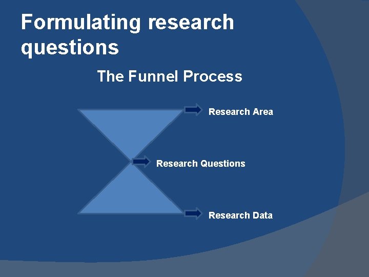Formulating research questions The Funnel Process Research Area Research Questions Research Data Formulating research questions The Funnel Process Research Area Research Questions Research Data