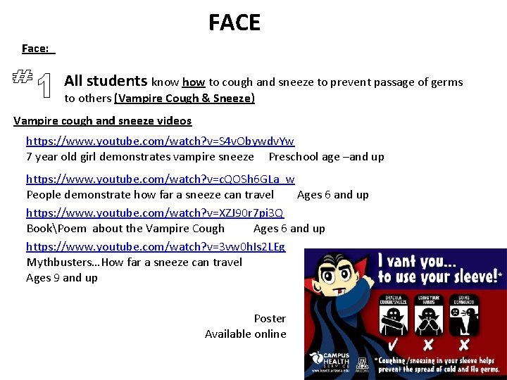 FACE Face: All students know how to cough and sneeze to prevent passage of