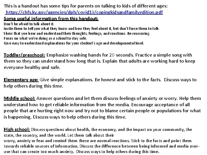 This is a handout has some tips for parents on talking to kids of