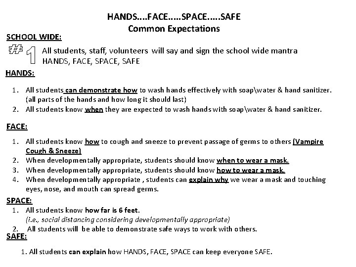 SCHOOL WIDE: HANDS. . FACE. . . SPACE. . . SAFE Common Expectations All