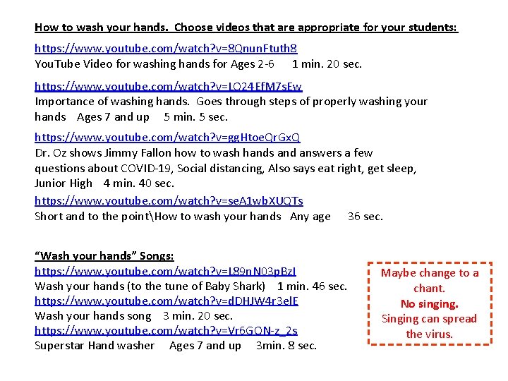 How to wash your hands. Choose videos that are appropriate for your students: https:
