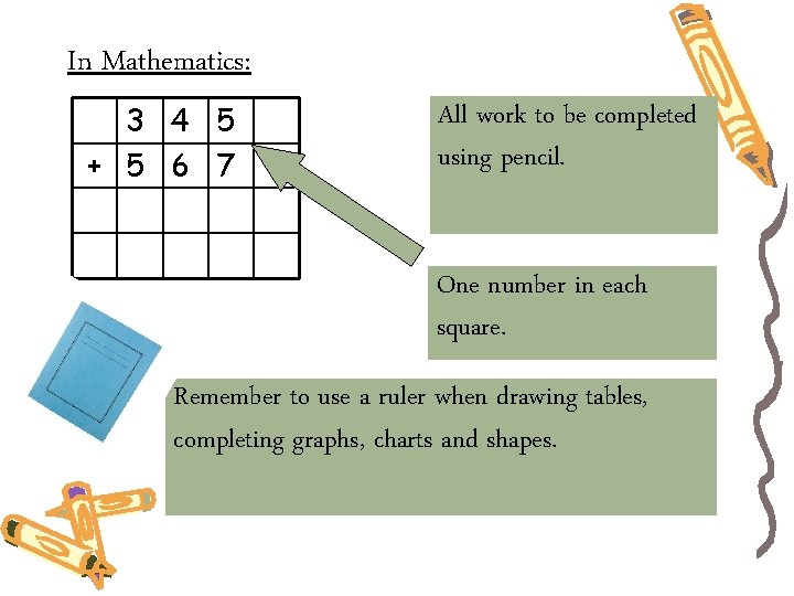 In Mathematics: 3 4 5 + 5 6 7 All work to be completed