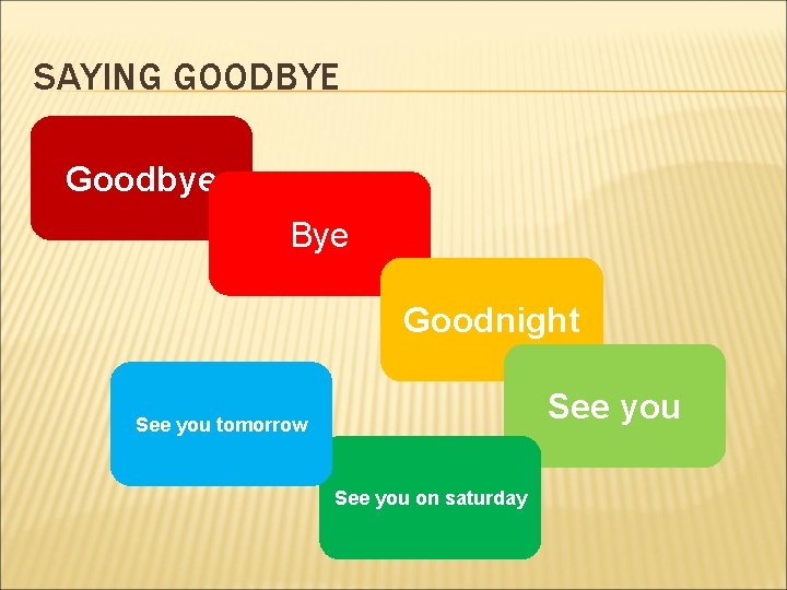 SAYING GOODBYE Goodbye Bye Goodnight See you tomorrow See you on saturday 