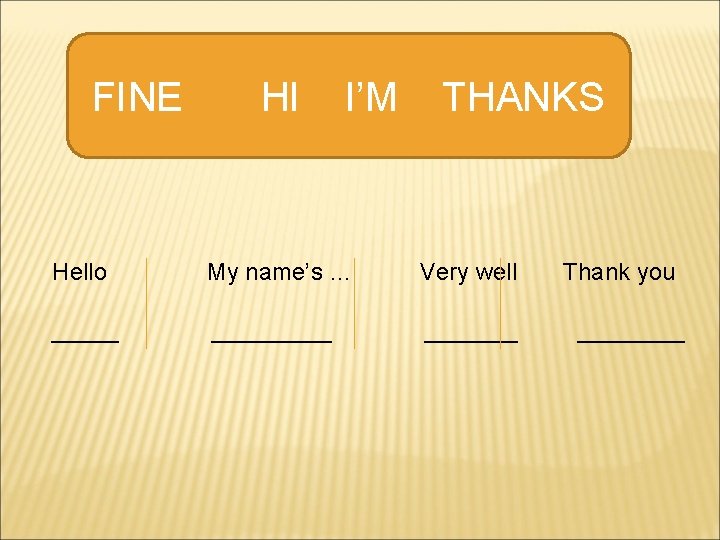 FINE HI I’M THANKS Hello My name’s … Very well _________ Thank you ____