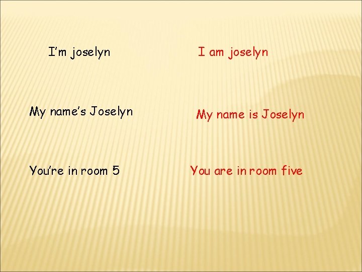 I’m joselyn My name’s Joselyn You’re in room 5 I am joselyn My name
